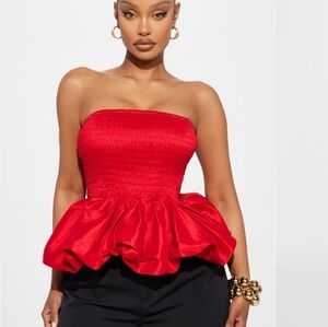 Fashion Nova Smocked Bubble Hem Top Red Satin Sz L